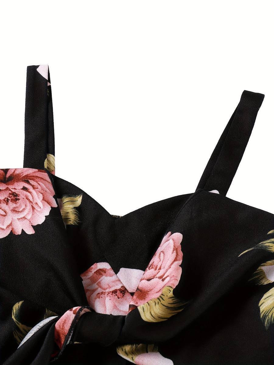 Elegant Print Elastic Suspender Tie Bow Vest Top - Black