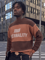 Men'S Sweater Fashion Trendy Street Style Casual Commute Home All-Match ETERNALITU English Letter Round Neck Long Sleeve Wide Ribbed Loose Knit Pullover Sweater Autumn Winter - Coffee Color