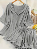 Plus Size Fashion Temperament Casual Solid Color Hooded Sweatshirt Short-Sleeved Top Drawstring Shorts Skirt Two-Piece Set - Grey