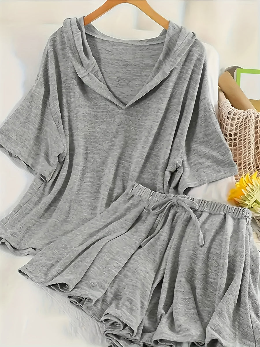 Plus Size Fashion Temperament Casual Solid Color Hooded Sweatshirt Short-Sleeved Top Drawstring Shorts Skirt Two-Piece Set - Grey