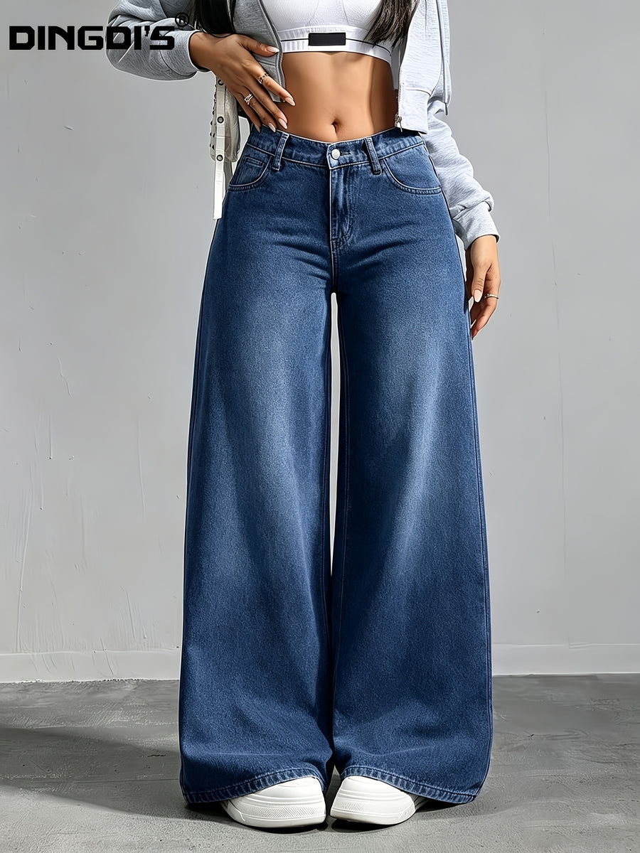 Women'S 2026 New High-Waist Stretch Denim Jeans, Classic Wide-Leg Casual Trousers, Stylish Pocketed Floor-Length Pants, Comfortable Fit Perfect for Work And Travel, Acid-Wash Solid Denim Trousers - Deep Blue