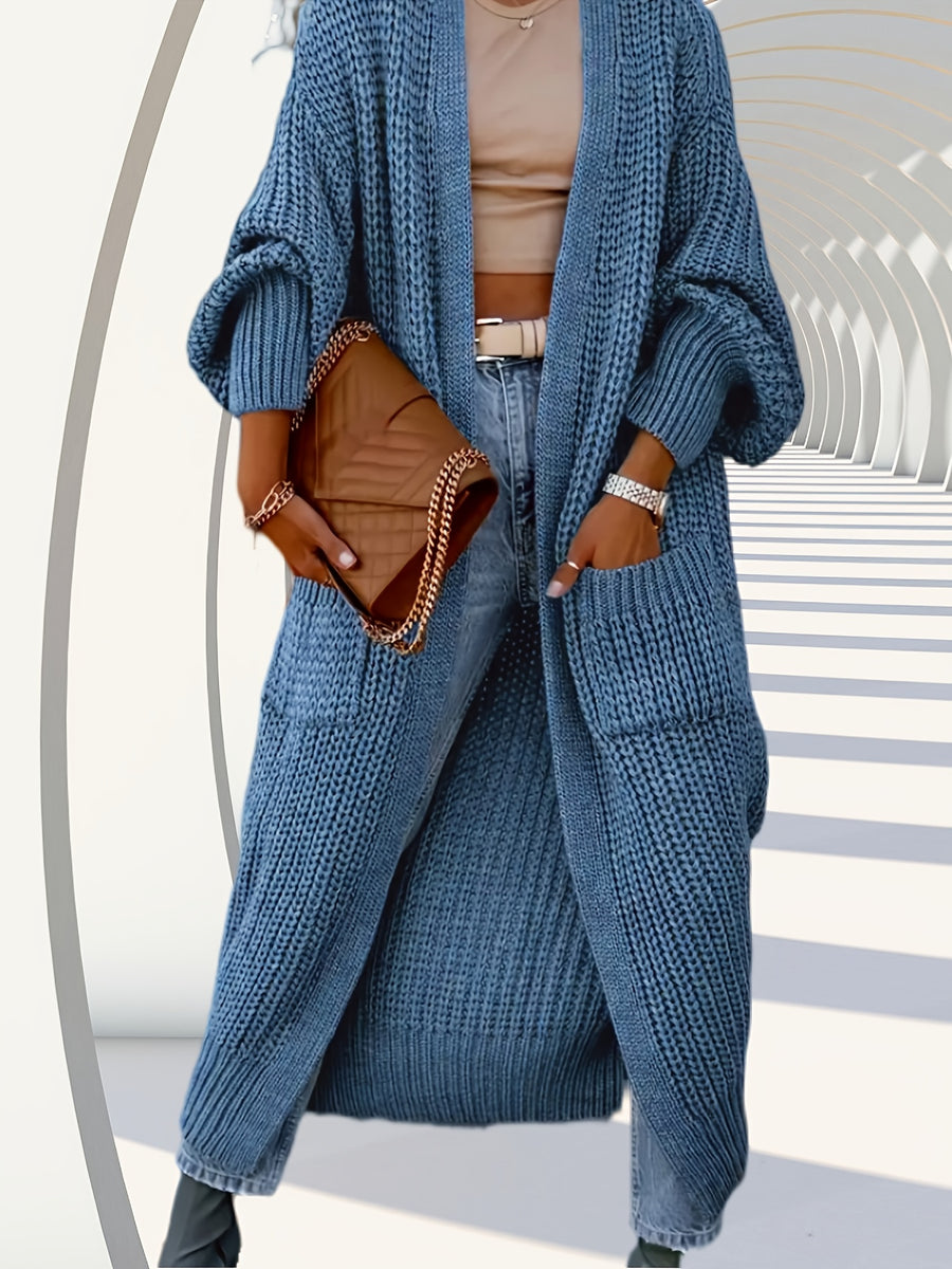 High-quality Fashionable and Simple Women's Cardigan, Pocket Sweater, Autumn/winter Casual Long-length Sweater, Winter Top Coat - Peacock Blue