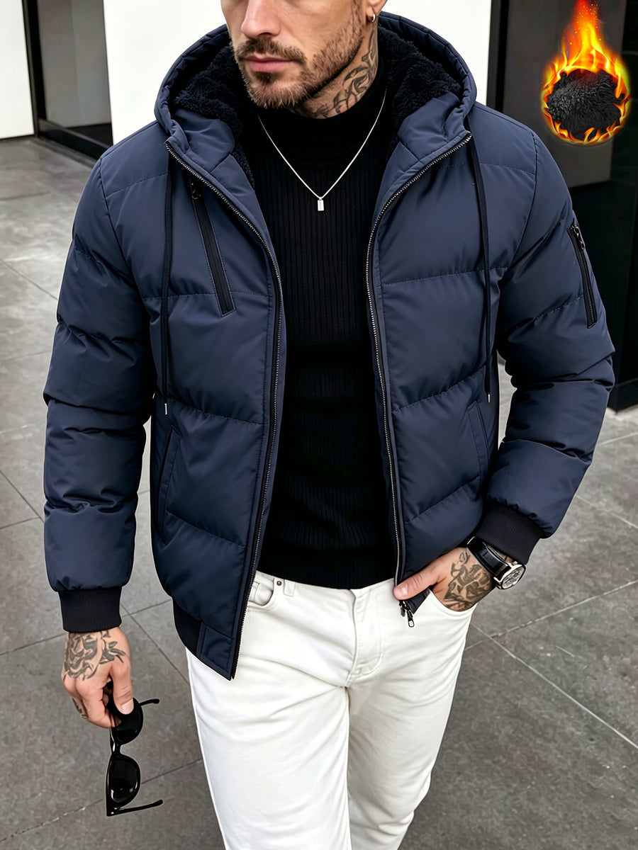 New Winter Plush-Lined Padded Coat for Men, Loose Fit Outerwear with Chest Zipper, Trendy and Fashionable Hooded Thickened Youth Padded Coat, Casual Padded Jacket for Men - Blue