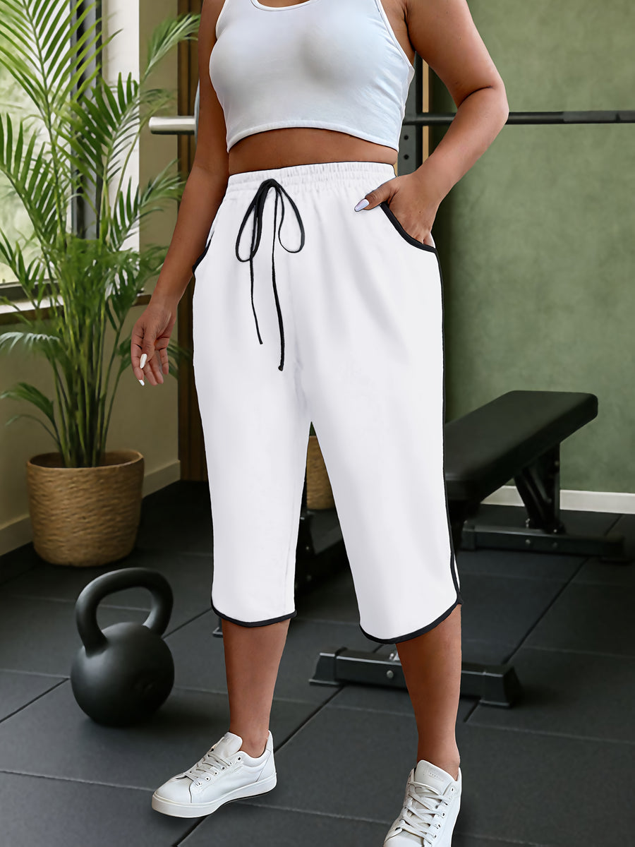 New Spring And Summer Solid Color Casual Comfortable Mid-Length Sweatpants For, Fitness, And with Pockets - White