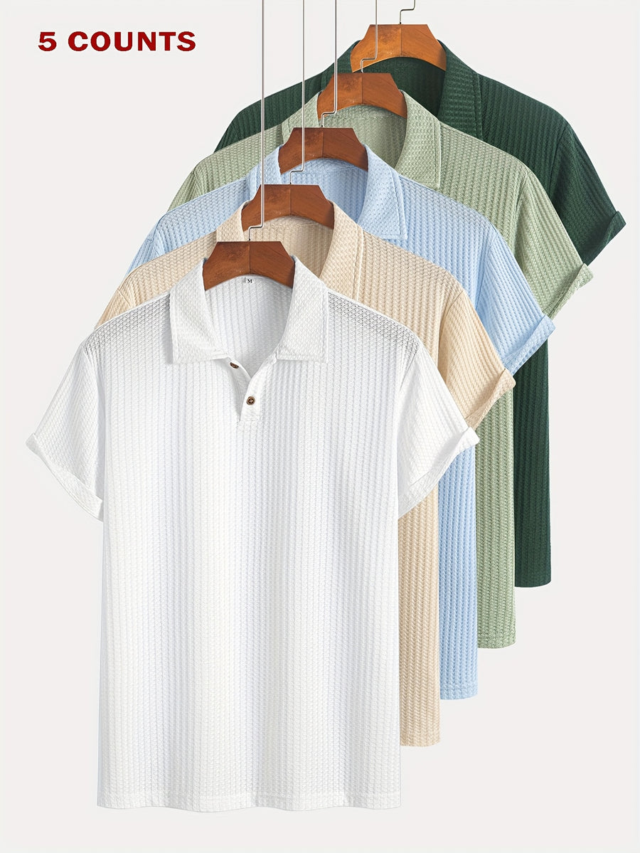 5Pcss Summer Casual Athletic Jacquard Knit Short Sleeve Polo Shirt Set, Textured Short Sleeve Polo Top 5Pcss Pc - Multicolor 6