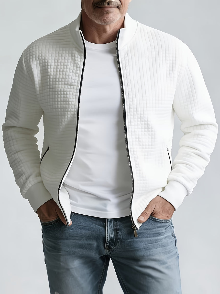 Pearson OBM Men's Casual Jacket, Checkered Embossed Stand Collar Zipper Baseball Jacket, Waffle Texture with Side Seam Slit Pockets, Solid Color Loose Fit Commuter Casual Pilot Jacket for Spring/Autumn - White