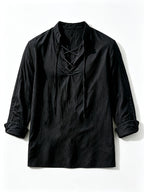 [Know And Give OBM] Men'S Solid Color Stand-Collar Linen Long Sleeve Shirt, Semi-Open Front Design, Roll-Up Sleeve Style | Casual Commute, Short Vacation, Leisure Gatherings | Men'S Versatile Top - Black