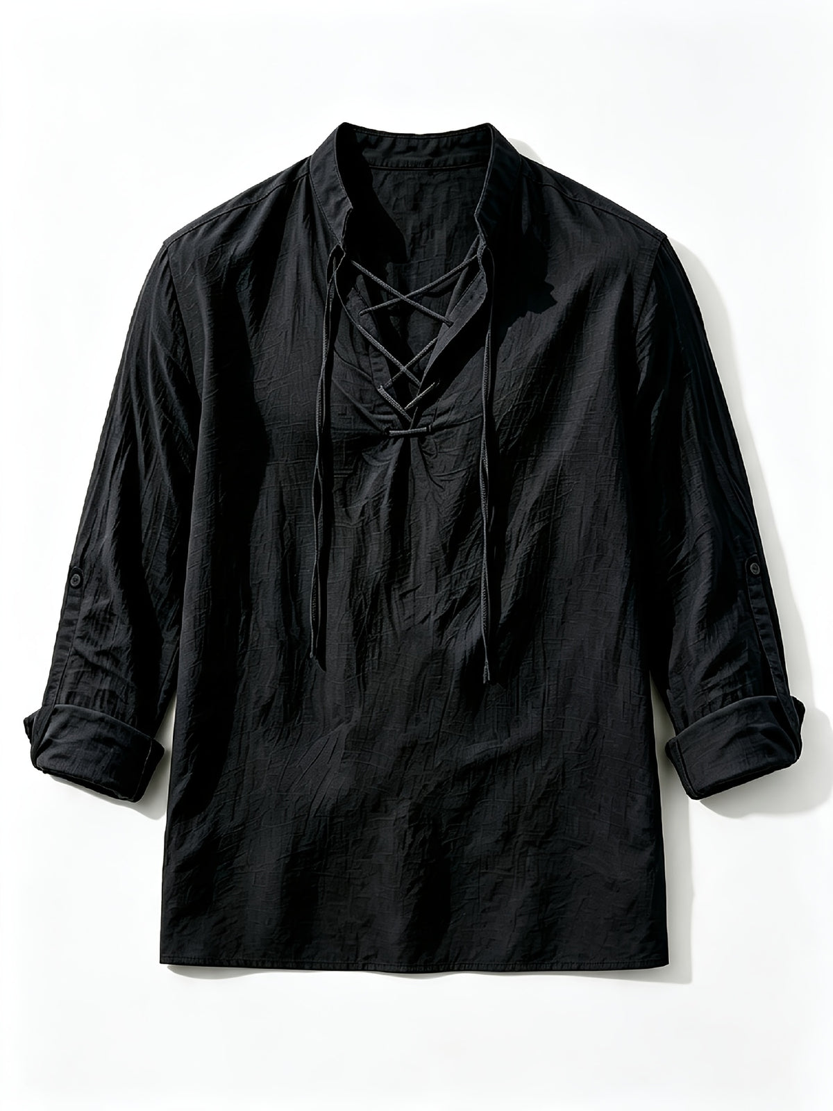 [Know And Give OBM] Men'S Solid Color Stand-Collar Linen Long Sleeve Shirt, Semi-Open Front Design, Roll-Up Sleeve Style | Casual Commute, Short Vacation, Leisure Gatherings | Men'S Versatile Top - Black