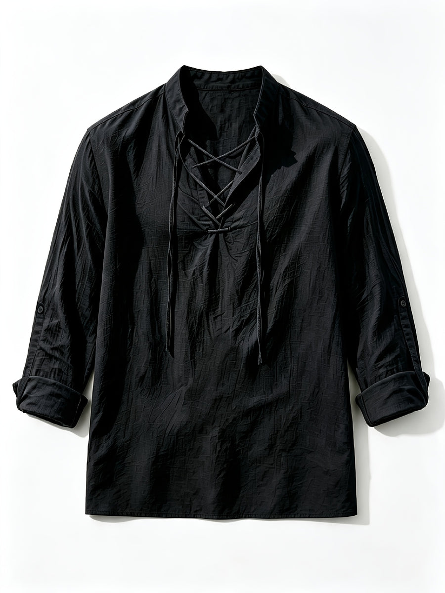 [Know And Give OBM] Men'S Solid Color Stand-Collar Linen Long Sleeve Shirt, Semi-Open Front Design, Roll-Up Sleeve Style | Casual Commute, Short Vacation, Leisure Gatherings | Men'S Versatile Top - Black