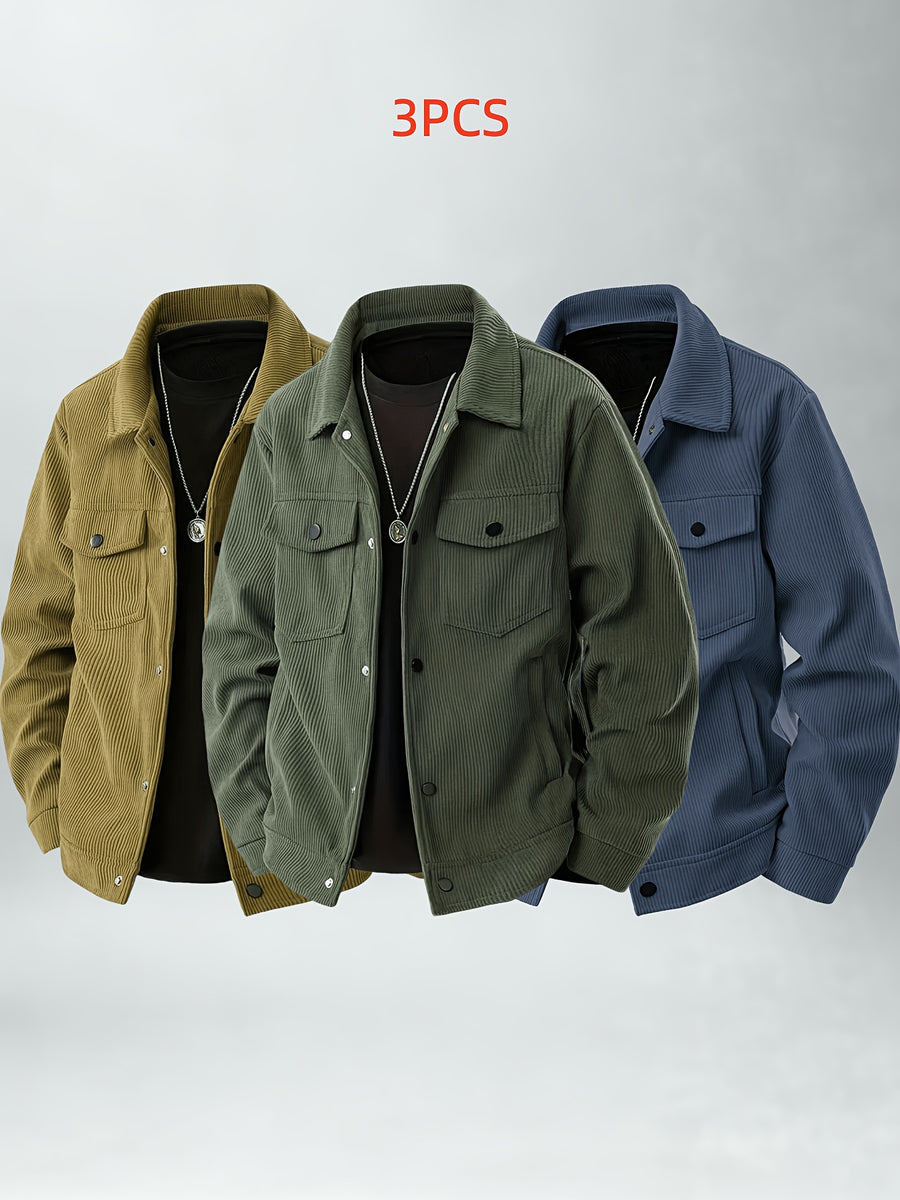 Casual Corduroy Work Jacket 3pcs Set Youth Daily Outing Lapel Top - Army Green + Khaki + Blue