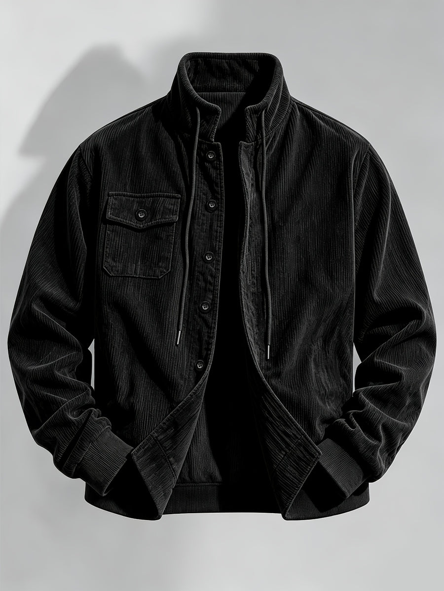 New Arrival Special 1pc Men'S Corduroy Short Stand Collar Jacket Button-Front Stand Collar Drawstring Design Chest Patch Pocket Ribbed Cuffs Hem Retro Workwear Style Autumn Winter Casual Commute Street Wear Outing Party Jacket - Black