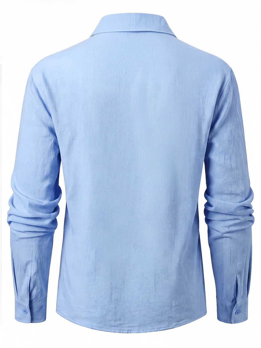 Men's Vintage Lace-Up Lapel Long-Sleeve Linen Shirt Casual Pullover Textured Shirt - Sky Blue
