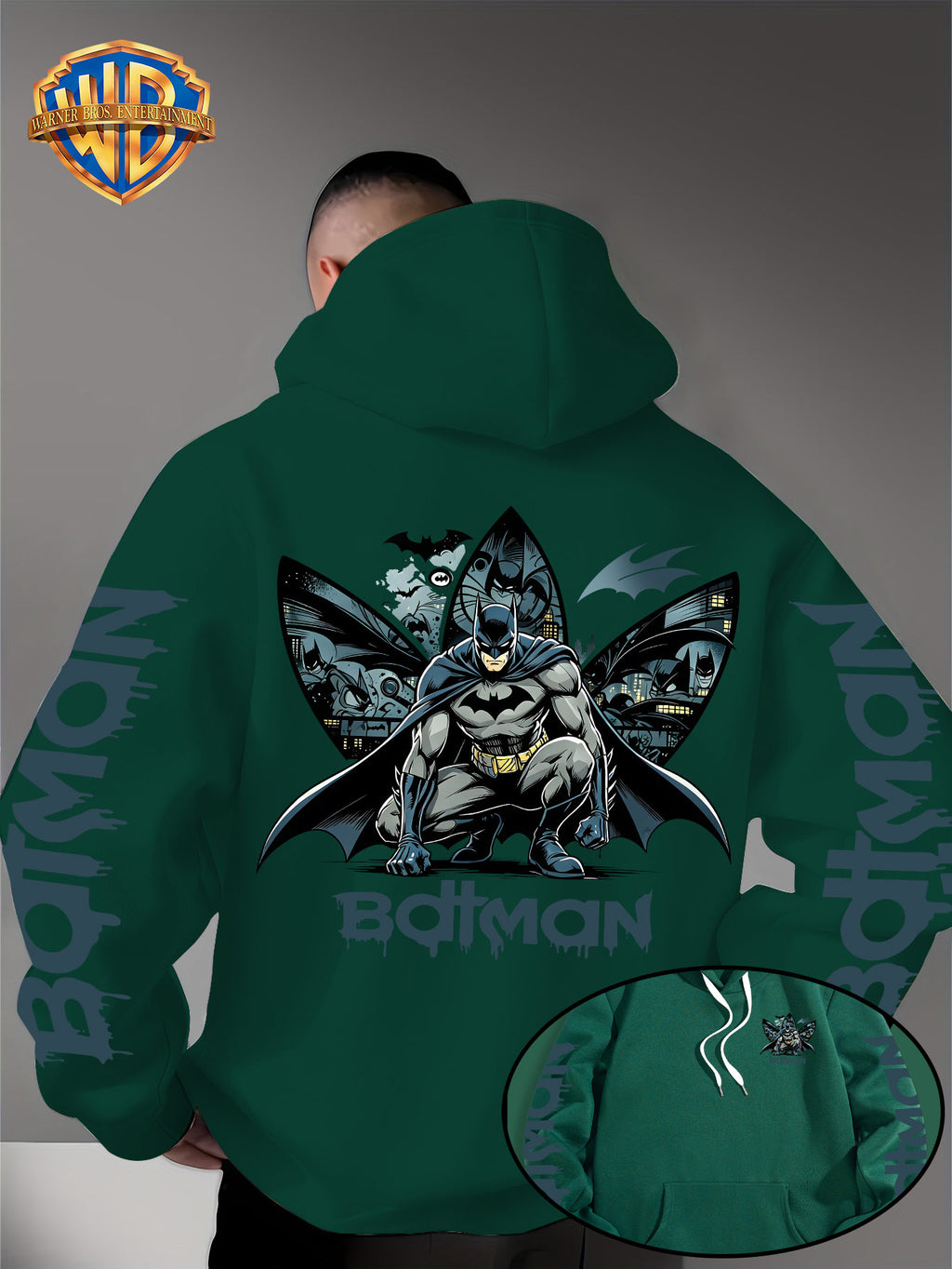 Warner Bros. Official 1pc Men's Hooded Long-Sleeve Sweatshirt - Batman Gotham Night Scene Multi-Panel Print + BATMAN Drip Graffiti Letter Creative Graphic Print, Letter Print on Both Sleeves, Cool DC Superhero IP Graphic Hoodie, Skin-Friendly - Green