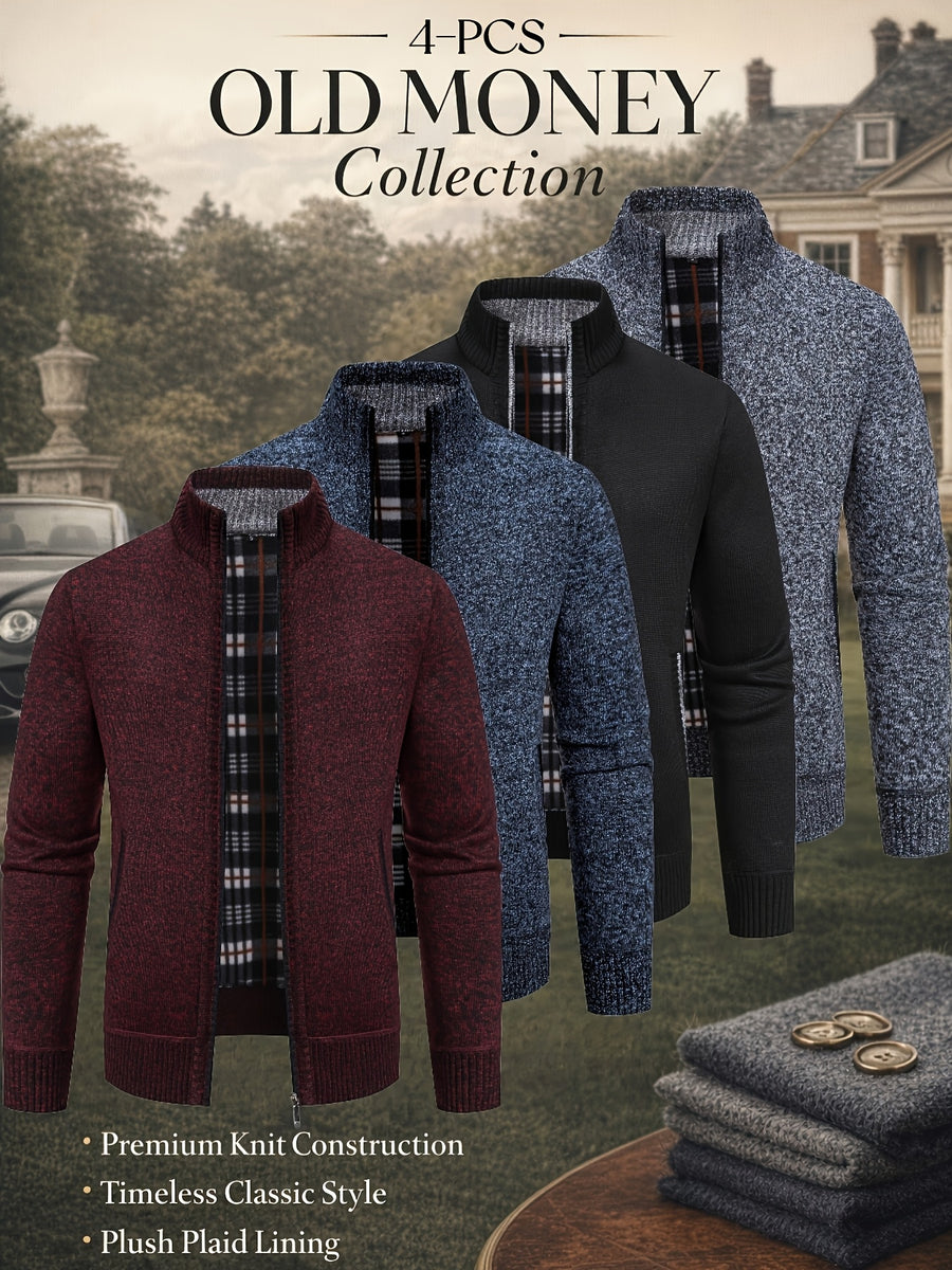 Men'S Cardigan Set from The Old Qian Brand with 4pcs — Made from Premium Knitted Material, Featuring a Classic Design That Is Warm, Fashionable, And Adaptable for Different Events - Dark Gray+Black+Blue+Red