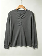 2pcs Men's Long Sleeve Vertical Rib Knit Henley Shirt, Slim Fit with Waist Taper to Highlight a Masculine Silhouette, Breathable and Skin-Friendly, Not Stuffy, High-Stretch Vertical Ribbed 7-Button Placket Versatile Top, Suitable for Daily Casual - Dark Grey+Black