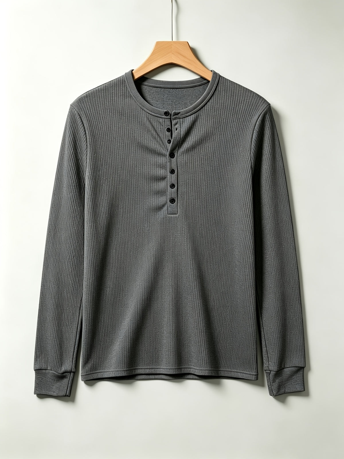 2pcs Men's Long Sleeve Vertical Rib Knit Henley Shirt, Slim Fit with Waist Taper to Highlight a Masculine Silhouette, Breathable and Skin-Friendly, Not Stuffy, High-Stretch Vertical Ribbed 7-Button Placket Versatile Top, Suitable for Daily Casual - Dark Grey+Black