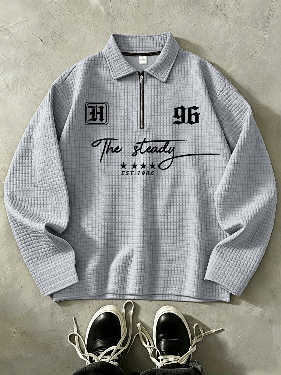 THE STEADY Men'S Half-Zip Fashion Waffle Texture Autumn Winter Casual Athletic POLO Shirt, Street Style Versatile Trendy Long Sleeve Top - Grey