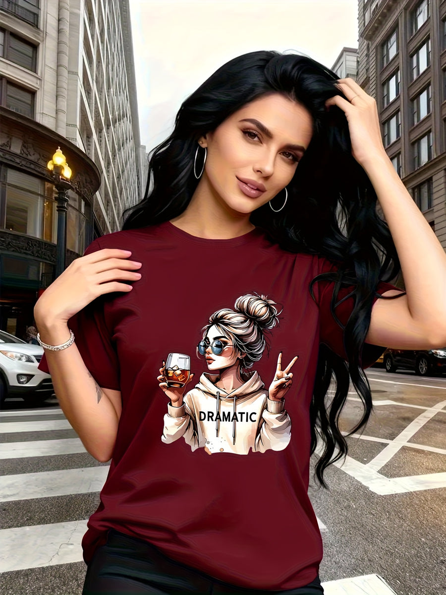 Street-style Trendy Art Print Featuring a Woman with a Bun Hairstyle and Fashion Glasses Holding a Red Wine Glass. Simple Round-neck Casual Versatile Short-sleeve Women's T-shirt, Suitable for Leisure, Travel, Vacation, and Other. 11643 - Red
