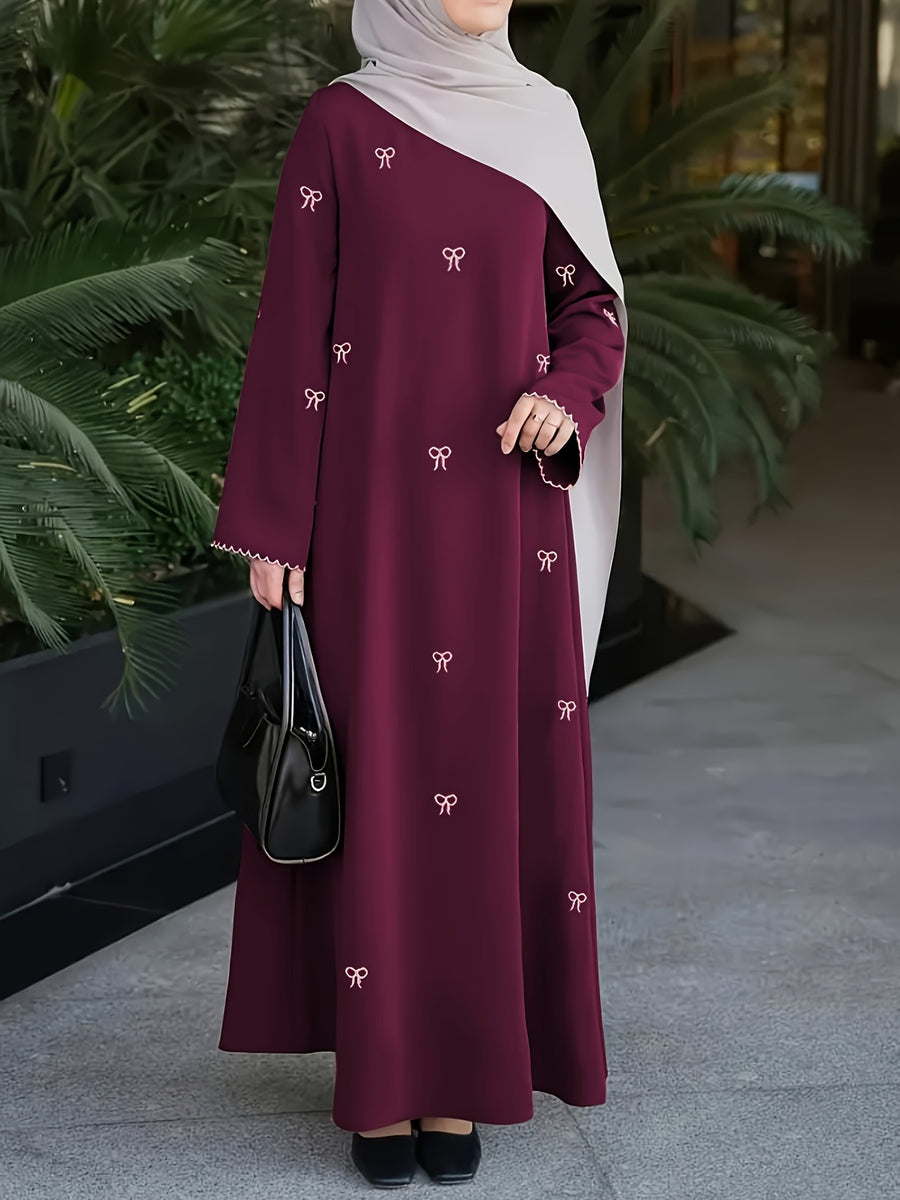 886-Middle East Dubai Bowknot Embroidery Dress - Burgundy