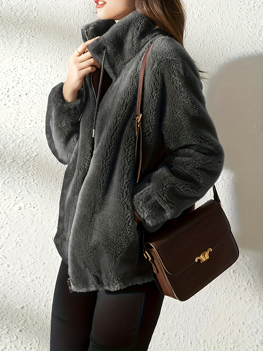 Solid Color Plush Coat, Stand Collar Thick Warm Zipper Drawstring Loose Women'S Coat - Graphite Color