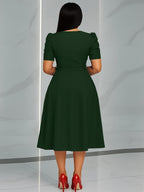 Women'S Elegant V-Neck Ruched Midi Dress, Solid Color Short Sleeve, Waist-Cinching Belt, Flowing Skirt, Perfect Spring Summer Outfit, Adult Fashion, Comfortable Daily Elegant Waist-Cinching Dress, Ruched Detail - Dark Green