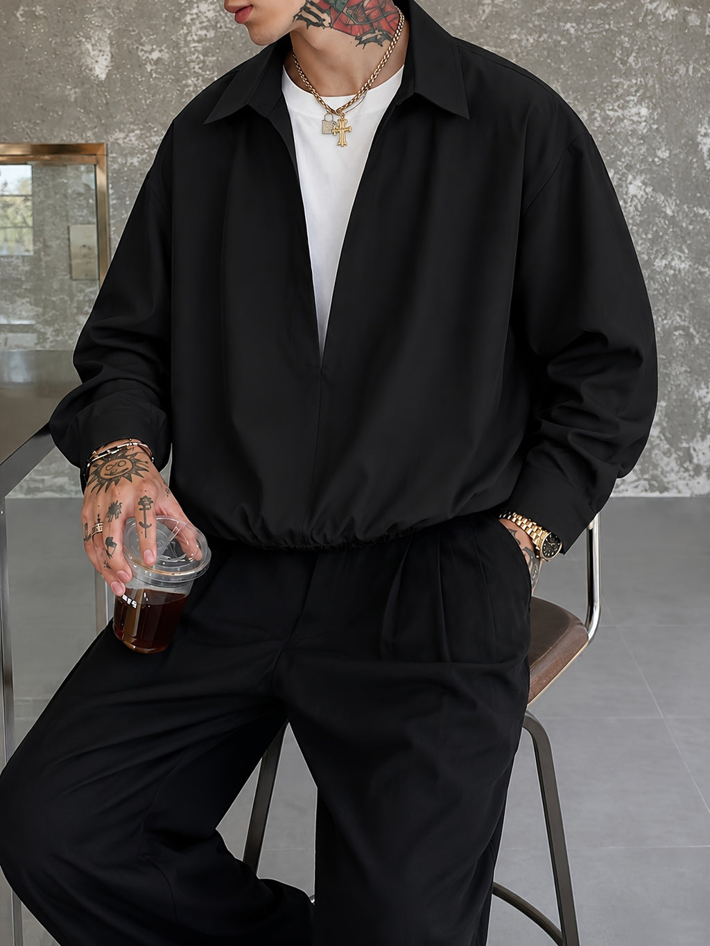 2-in-1 Look Double-Layer Long Sleeve Shirt, Color-Block Patchwork Casual Loose Fit Men's Top T-Shirt, Men's Shirt, Versatile V-Neck Lapel Pullover for Spring and Autumn, New Season - Black