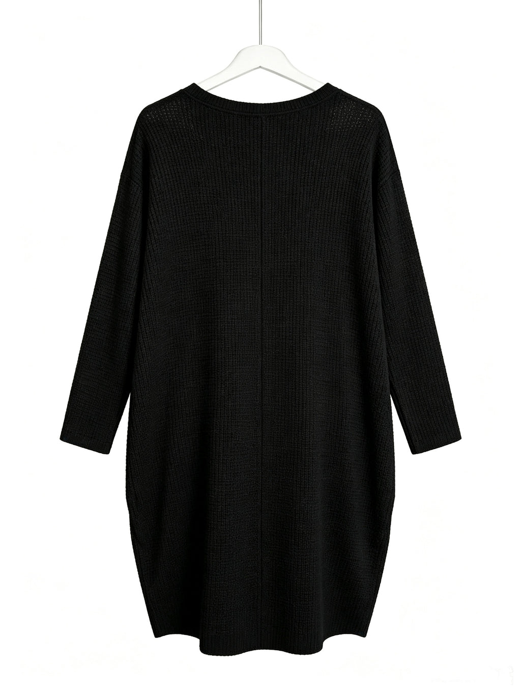 Plus Size - Beautiful Women'S Plus Size Round Neck Loose Long Sleeve Solid Waffle Dress with Pockets - Black