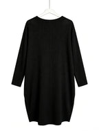 Plus Size - Beautiful Women'S Plus Size Round Neck Loose Long Sleeve Solid Waffle Dress with Pockets - Black