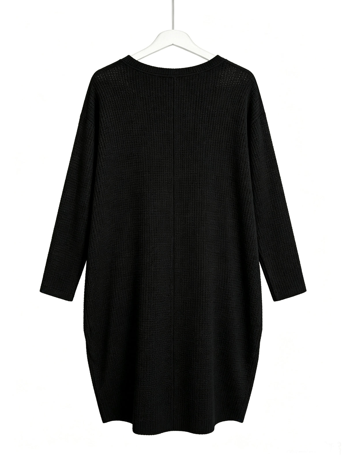 Plus Size - Beautiful Women'S Plus Size Round Neck Loose Long Sleeve Solid Waffle Dress with Pockets - Black