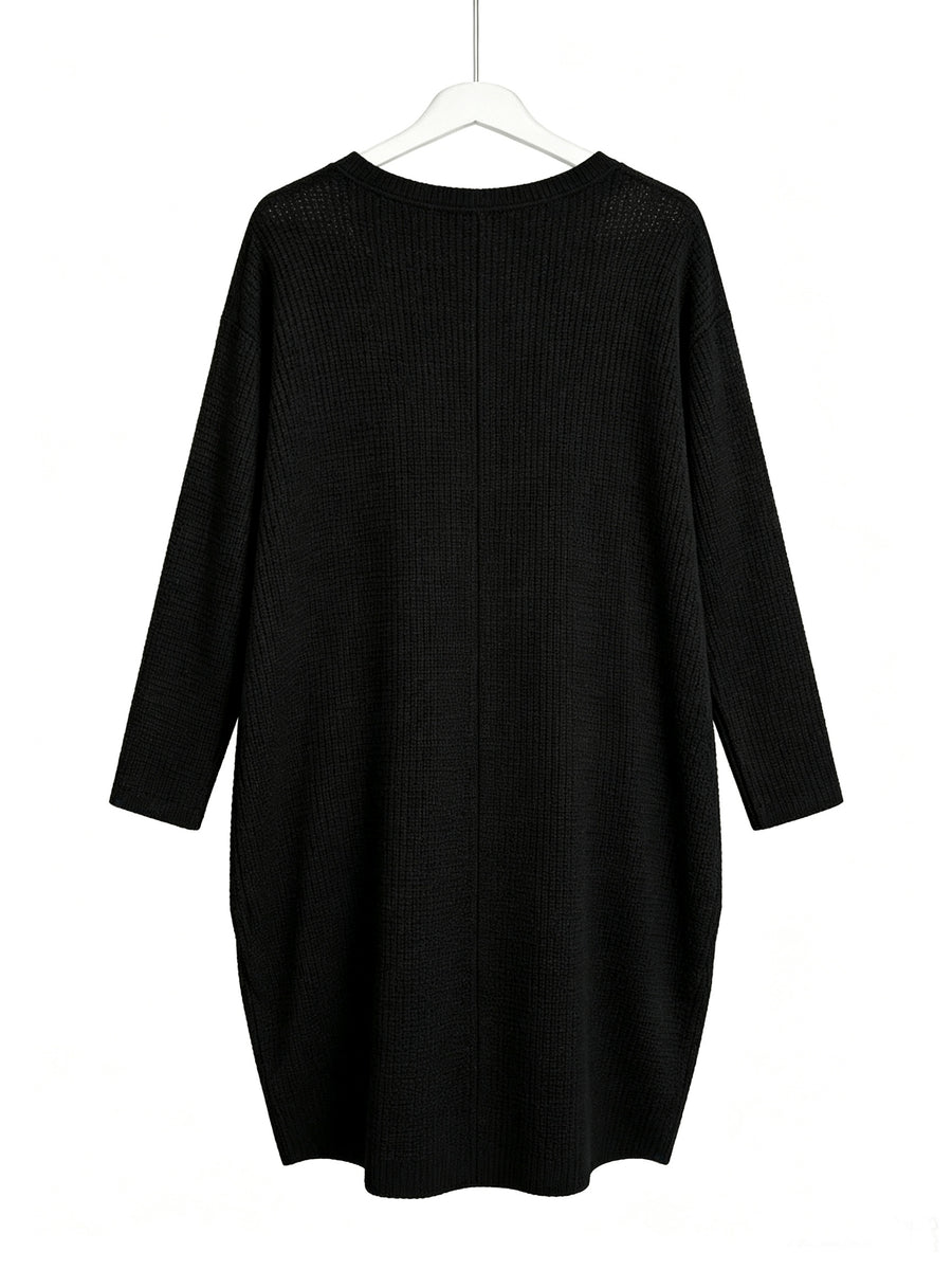 Plus Size - Beautiful Women'S Plus Size Round Neck Loose Long Sleeve Solid Waffle Dress with Pockets - Black