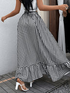 <Elegant Orientation> Bohemian Black And White Plaid Skirt Elastic Waist Flowy Ruffle Hem Long Skirt - Mixed colors