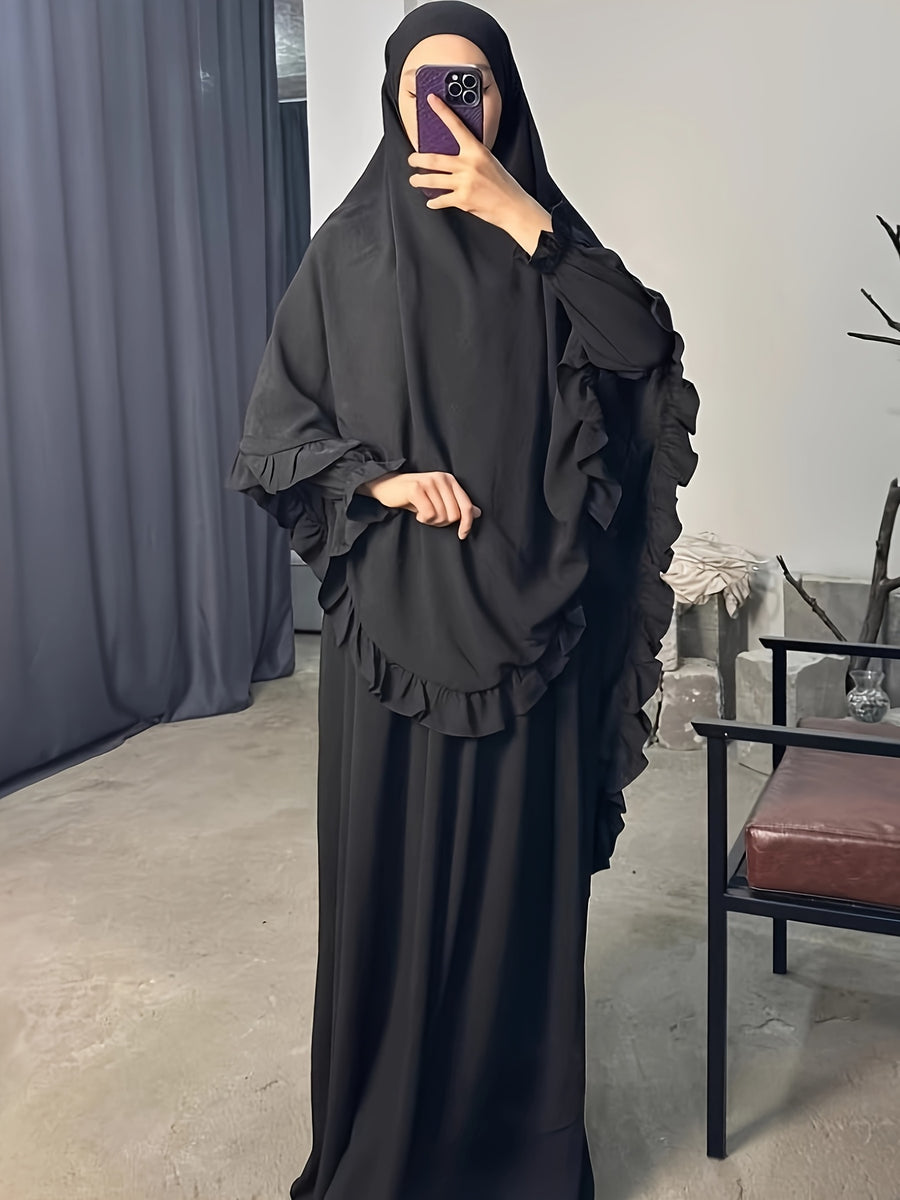 2pcs Set: Middle East Dubai 2pcs Set, Including 1 Solid Color Long Headscarf + 1 Long Robe, Women's Fashion Loose Robe Ramadan Prayer Outfit - Black
