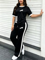 Women'S Summer Set, Fashion Casual Two-Piece Outfit, Contrast Ringer Neck Short Sleeve Top And Loose Wide-Leg Pants, Women'S Clothing! - Black