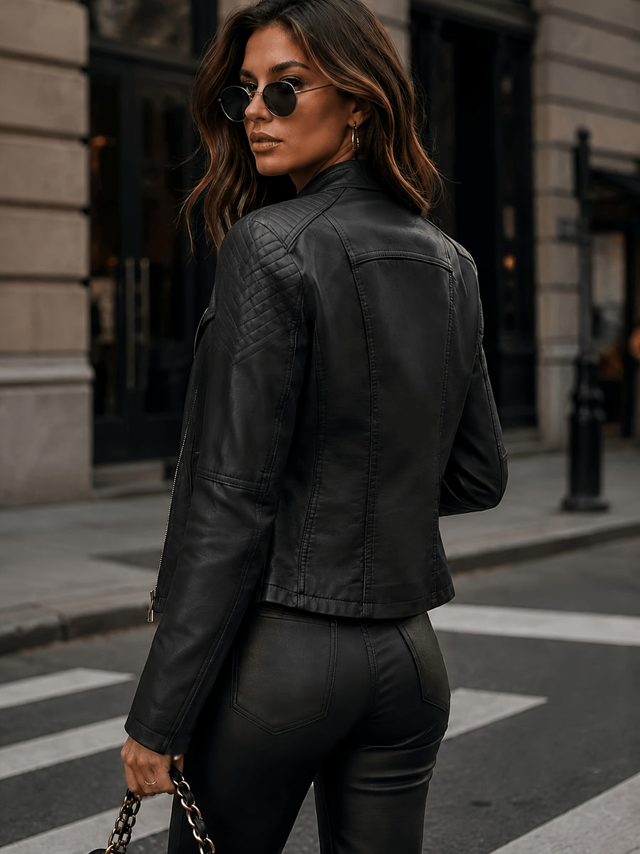 In-Stock/Women'S Casual PU Jacket, Women'S Biker Coat, Spring Autumn Motorcycle Jacket, Vacation Travel Outerwear, Retro Fashion Design - Black