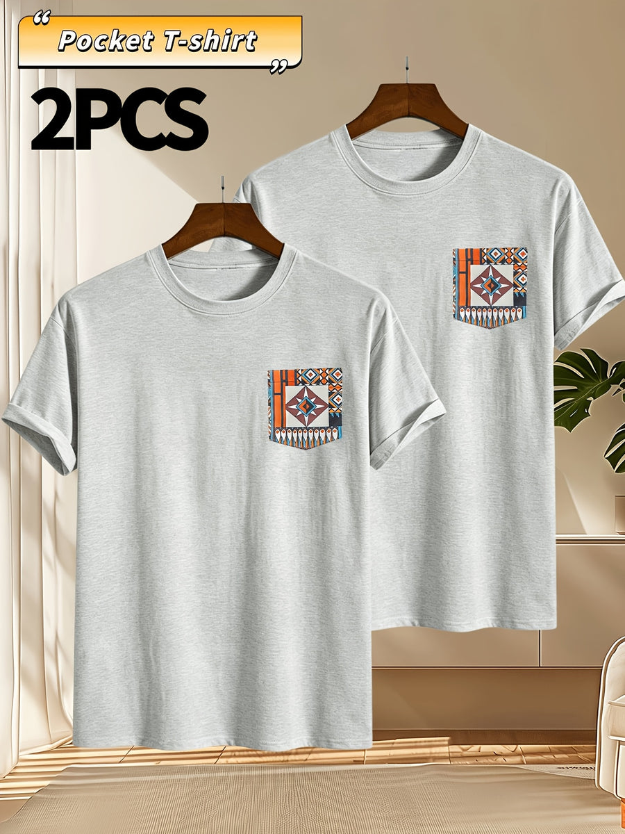 2pcs Men's Round Neck Pocket Short-Sleeve T-Shirt, Suitable for Summer Outdoor Casual Wear, Versatile Casual Knit Top, Men's Casual Pocket Design Sport T-Shirt - Light Grey