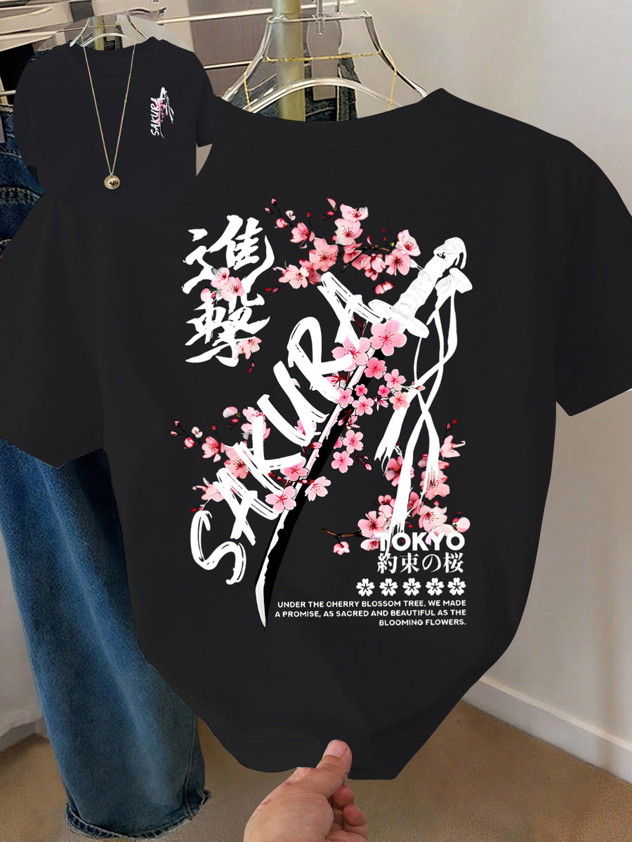 Women's Samurai Sword Print T-Shirt - Cherry Blossom & Katana Design Short Sleeve Round Neck -Compatible Fit Suitable for Spring Summer Fall Casual Wear, Machine Washable -Themed Outfits - Black