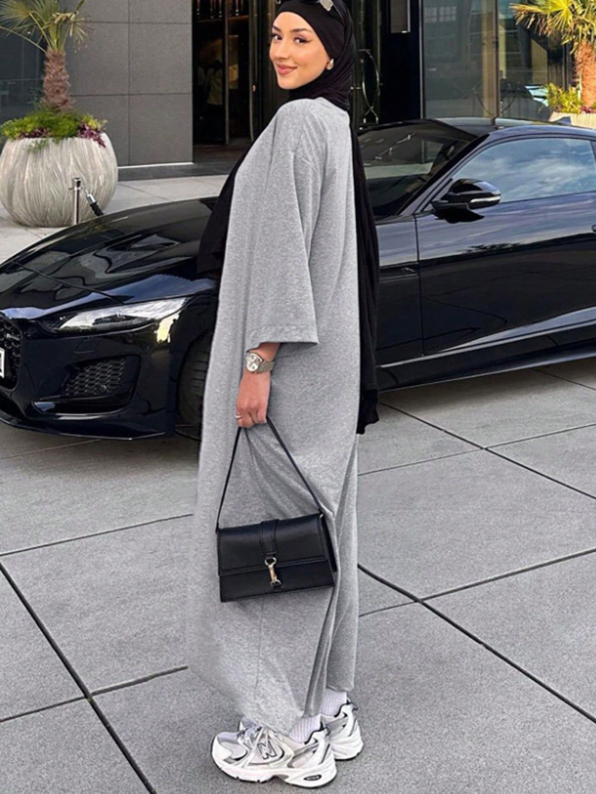Scacto Dubai Middle East Turkey Dubai Solid Color Hoodie Dress Abayas Robe (Without Headscarf) - Grey