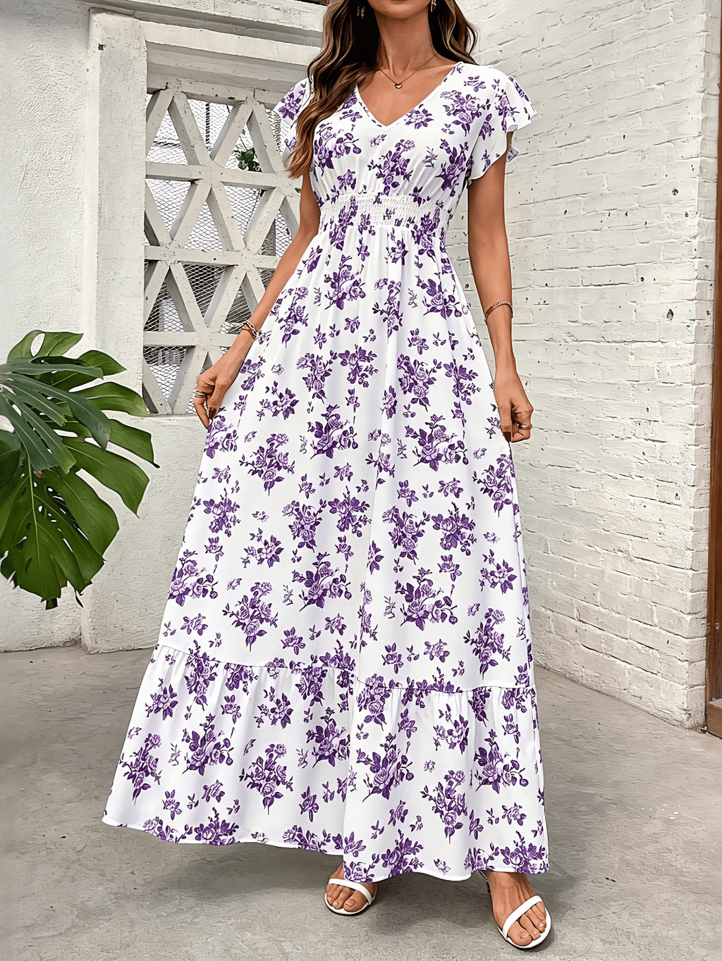Women'S Fashionable Elegant Casual V-Neck Printed Dress - Purple