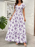 Women'S Fashionable Elegant Casual V-Neck Printed Dress - Purple