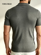 American-style Mature Middle-aged Men's Vertical Rib-knit Polo Shirt, Summer Lightweight Solid Color Lapel Short Sleeve, Urban Outdoor Street Style Loose-fit Textured Business Casual Top - Grey