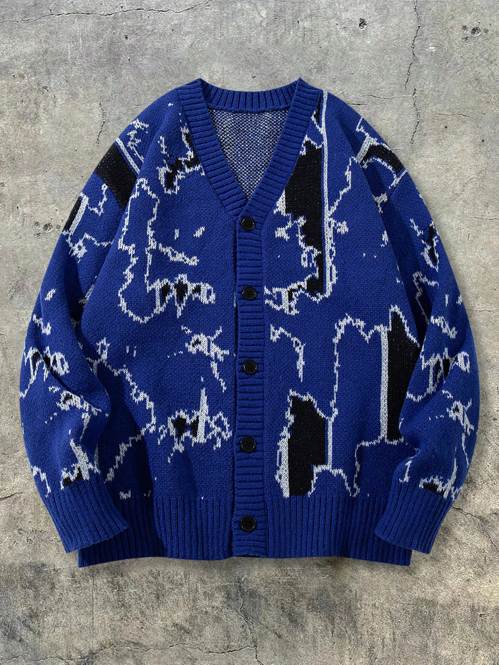 American Map High Street Men Women Open Cardigan Fashion Casual Trendy Unisex Commute All-Match Daily Home V-Neck Long Sleeve Button-Up Cardigan Ribbed Knit Sweater - Blue