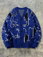 American Map High Street Men Women Open Cardigan Fashion Casual Trendy Unisex Commute All-Match Daily Home V-Neck Long Sleeve Button-Up Cardigan Ribbed Knit Sweater - Blue