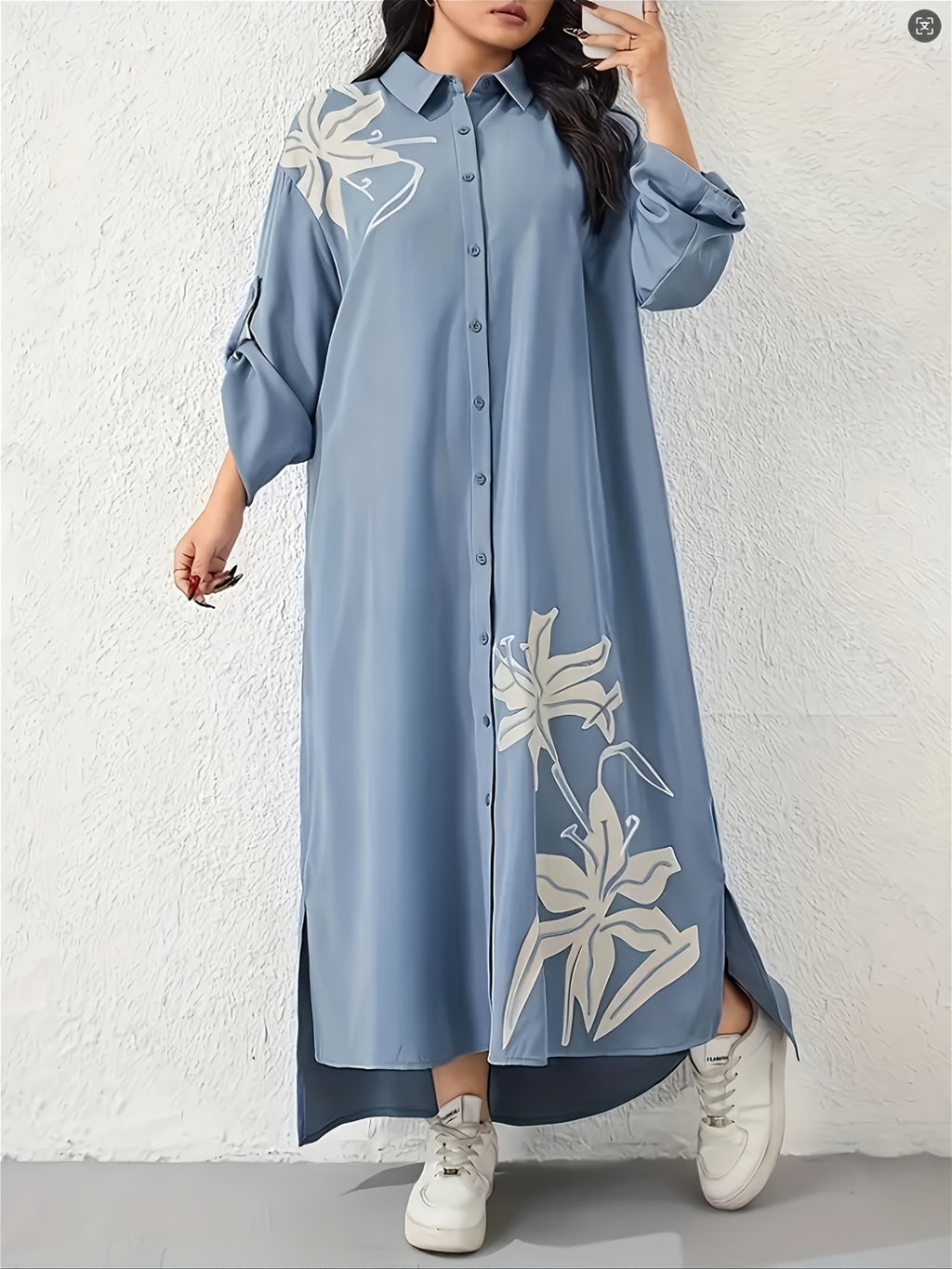 Middle Eastern Special Dubai Elegant Floral Print Long Dress, Abayas Loose Fit Fashion Style Casual Robe, Middle Eastern Targeted - Sky Blue