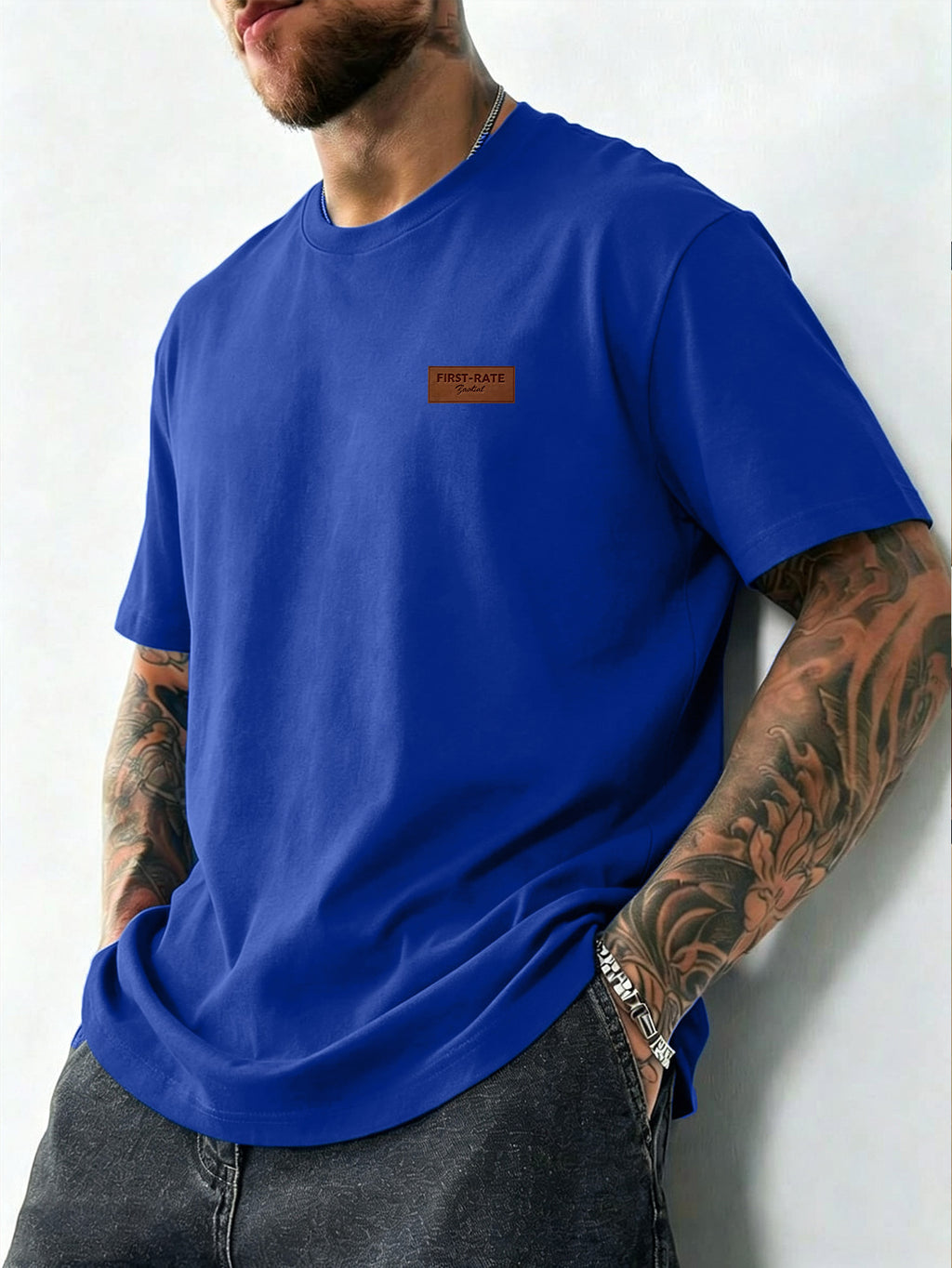 Summer New Men'S Regular Fit Short Sleeve T-Shirt with Chest Brown Small Label Text Print Easy Comfortable Casual Outing Commute All-Match Round Neck Top - Blue