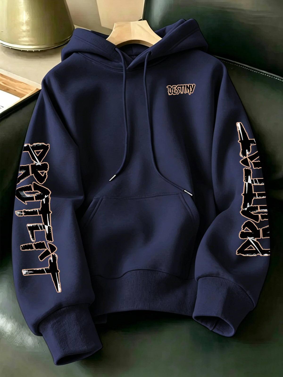 Limited-Time Special Offer: Single-pc Unisex Black Knitted Hooded Sweatshirt with Anime Boy Portrait Graffiti and English Print, Trendy Cool Anime-Style Loose Drop-Shoulder Hoodie for Spring/Autumn, Casual Wear for Outings and Gatherings - Navy Color