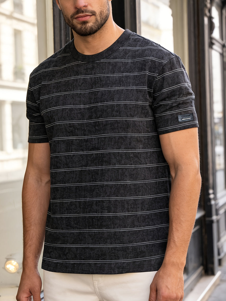 Summer Men'S Striped Short Sleeve Shirt, Casual Retro Style Daily Top - Black