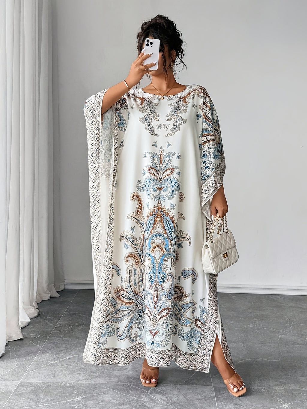 Plus Size - Plus Size - Plus Size Women'S Loose-Fitting Batwing Sleeve Printed Round Neck Dress - White
