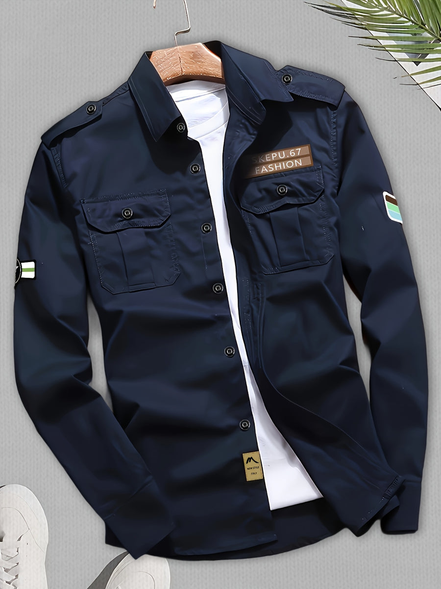 Taro Rice OBM Men's Streetwear Workwear Long Sleeve Shirt in Black, Navy Blue, Khaki, with Star Armband Patch Design and Multi-Pocket Functional Style Top, Smart Casual - Navy Color