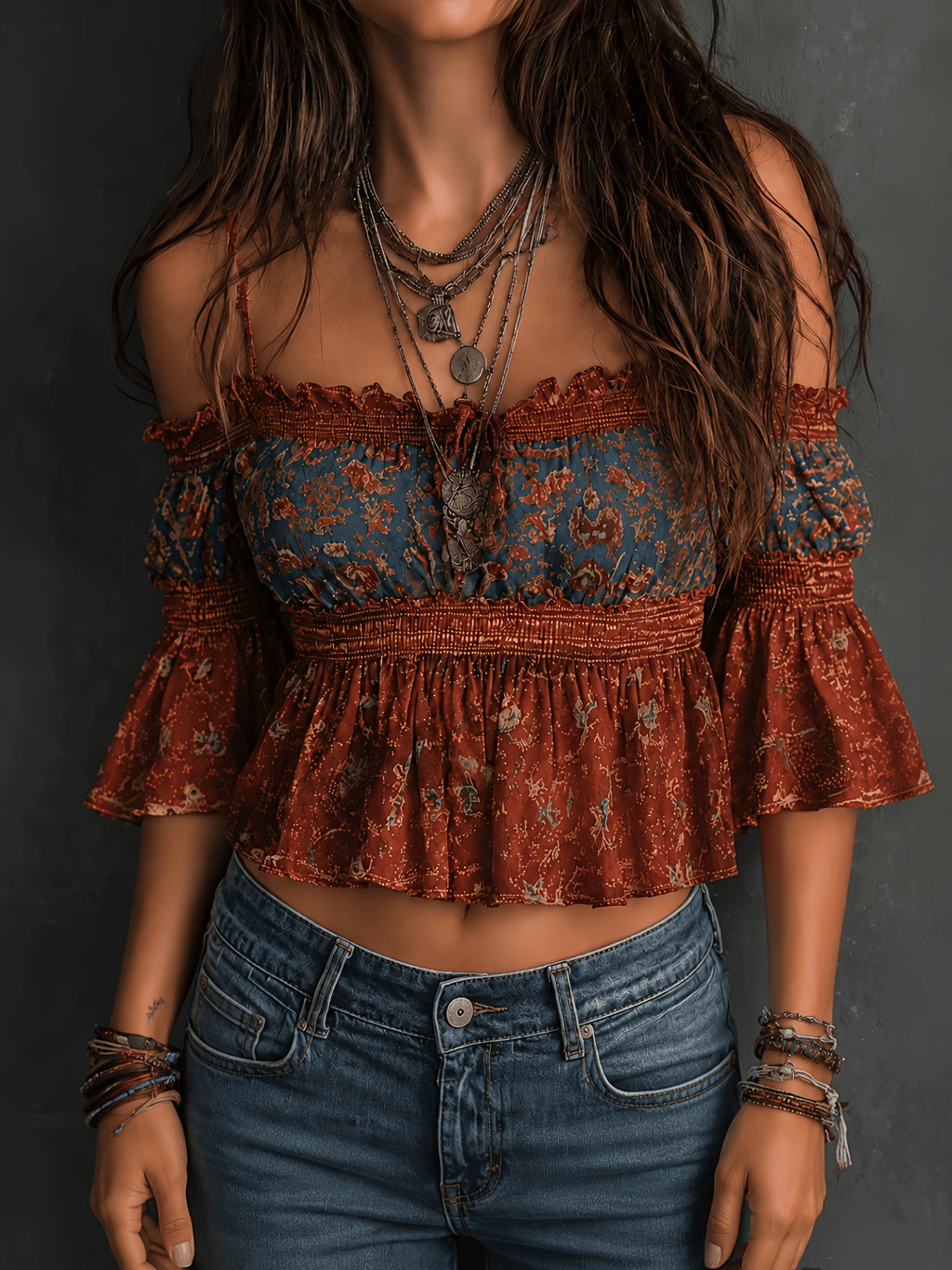 One-Shoulder Top for Women, Retro Printed Off-Shoulder Ruffled Short Blouse, Atmospheric Exotic Style Versatile Top - Red