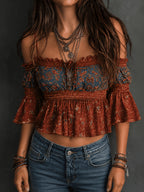 One-Shoulder Top for Women, Retro Printed Off-Shoulder Ruffled Short Blouse, Atmospheric Exotic Style Versatile Top - Red